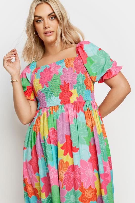 YOURS Plus Size Pink & Blue Floral Print Shirred Midaxi Dress | Yours Clothing 5