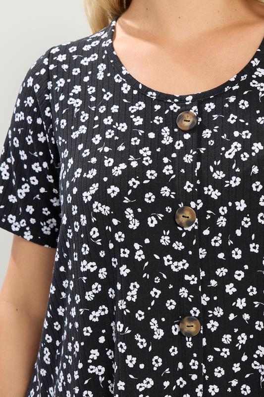 YOURS Plus Size Black & White Ditsy Floral Ribbed T-Shirt | Yours Clothing 4