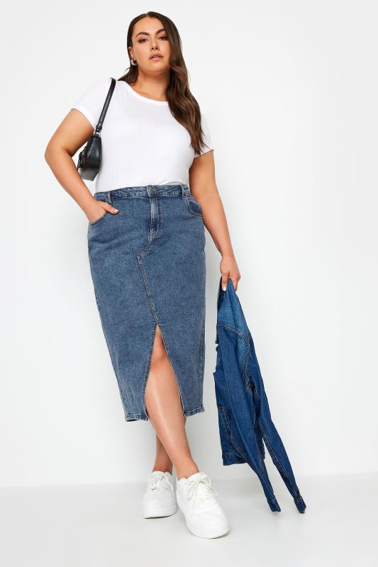 YOURS Plus Size Blue Midi Stretch Denim Skirt | Yours Clothing 4