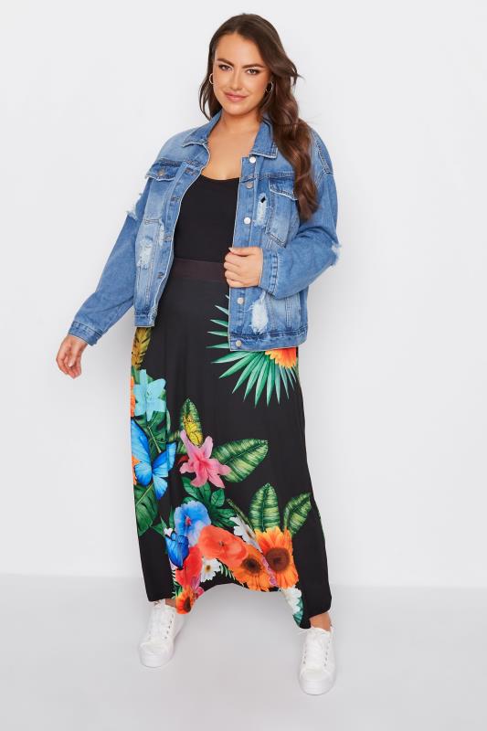 Plus Size Black Tropical Print Maxi Skirt | Yours Clothing 2