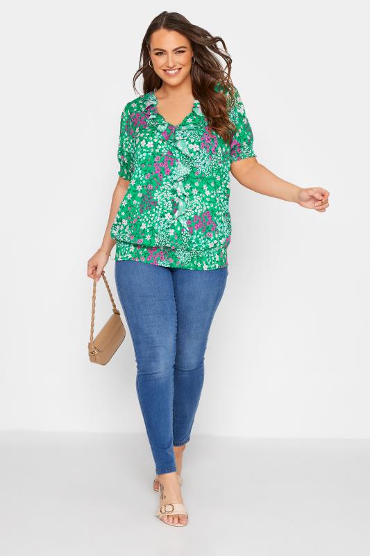 YOURS LONDON Curve Green Floral Shirred Frill Top_B.jpg