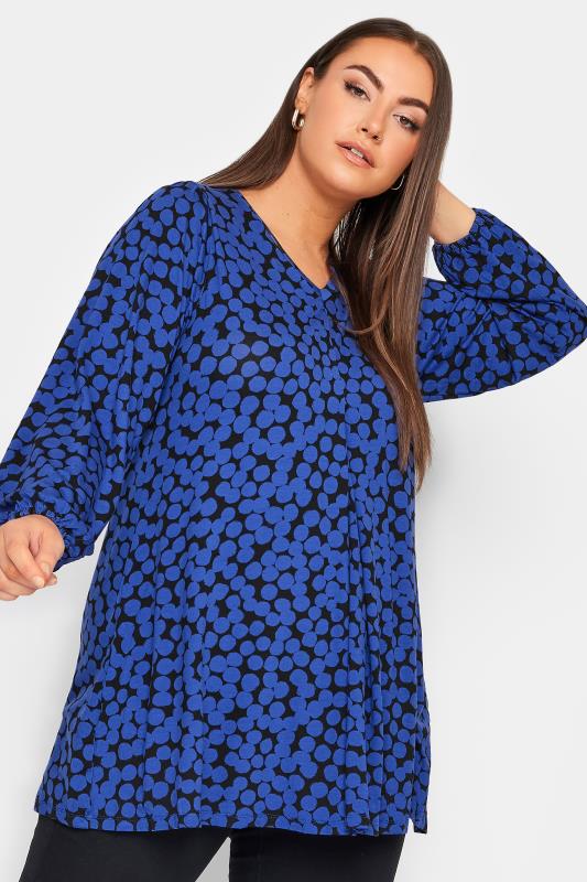YOURS Plus Size Blue Spot Print Pleat Front Top | Yours Clothing 1