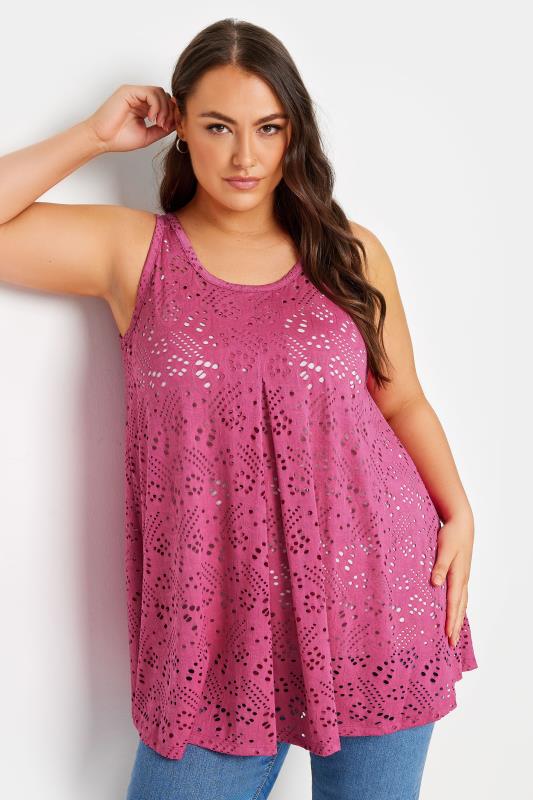Plus Size  YOURS Curve Pink Broderie Anglaise Swing Vest Top