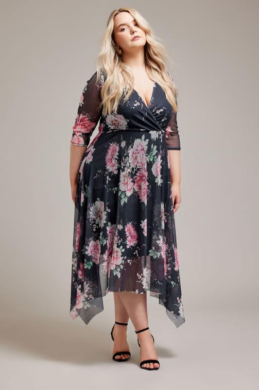 Plus Size  YOURS LONDON Curve Black Floral Print Wrap Midi Dress