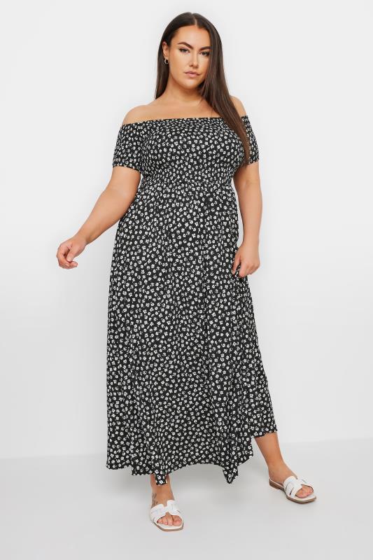 YOURS Plus Size Black Floral Print Bardot Midaxi Dress | Yours Clothing 2