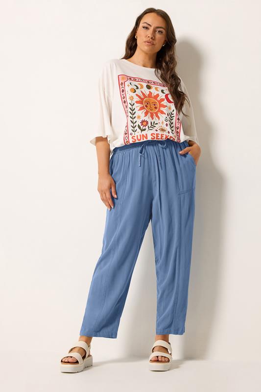 YOURS Plus Size Blue Chambray Barrel Trousers | Yours Clothing 1