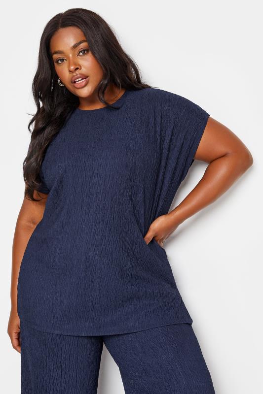 YOURS Plus Size Navy Blue Crinkle Plisse T-Shirt | Yours Clothing 1