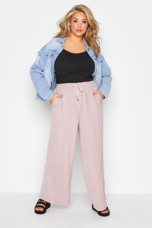 Plus Size Pink Lightweight Twill Wide Leg Trousers | Yours Clothing 2