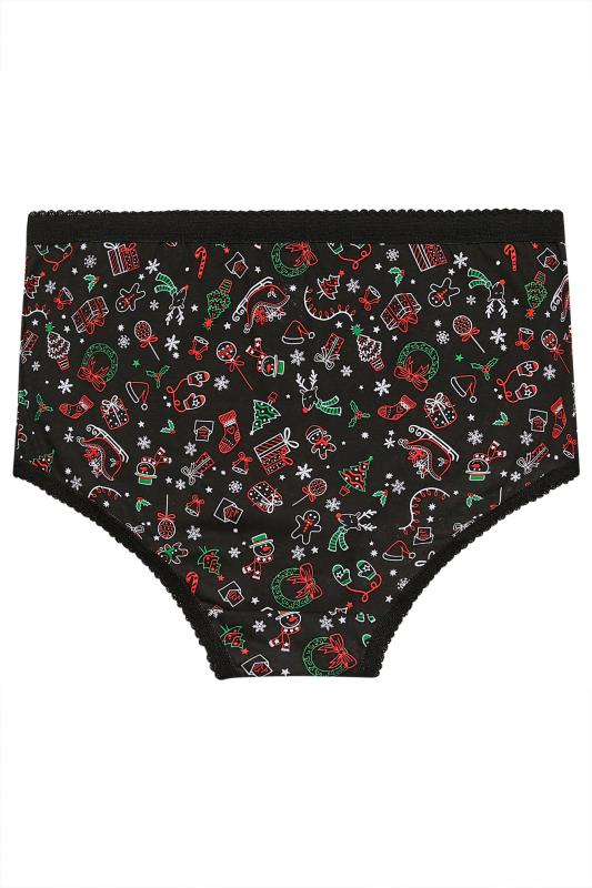 5 PACK Black Christmas Print Cotton High Waisted Full Briefs | Yours Clothing 5
