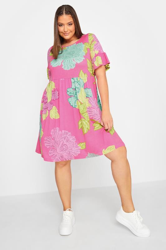 Plus Size  YOURS Curve Pink Floral Smock Tunic Dress