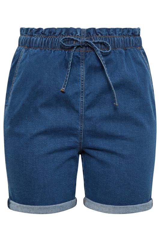 YOURS Plus Size Mid Blue Paperbag Drawstring Denim Mom Shorts | Yours Clothing 4