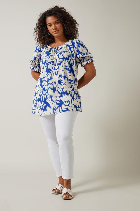 EVANS Plus Size Blue Floral Blur Print Tie Front Top | Evans 2