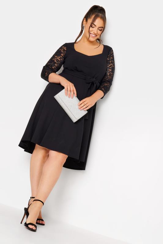 YOURS LONDON Plus Size Black Sequin Detail Lace Sleeve Skater Dress | Yours Clothing 2