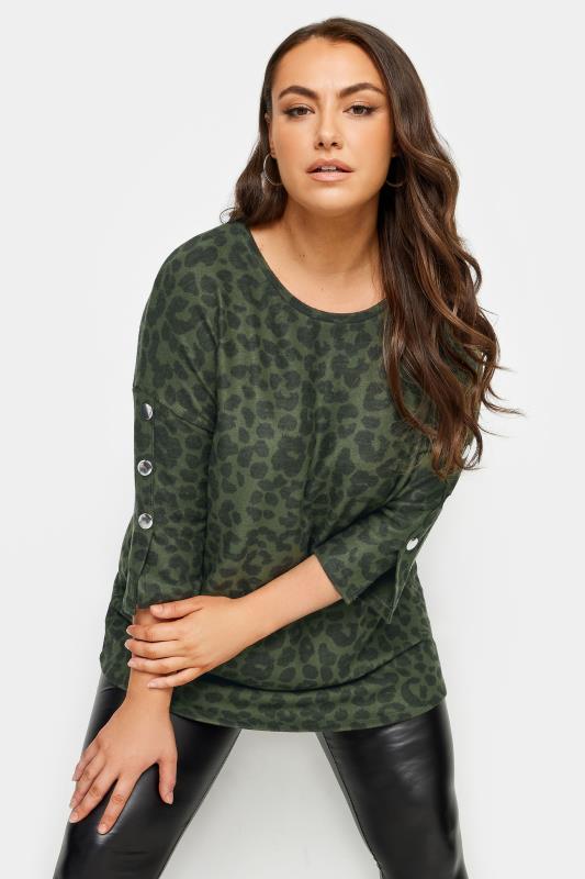 Plus Size  YOURS Curve Khaki Green Leopard Print Soft Touch Top