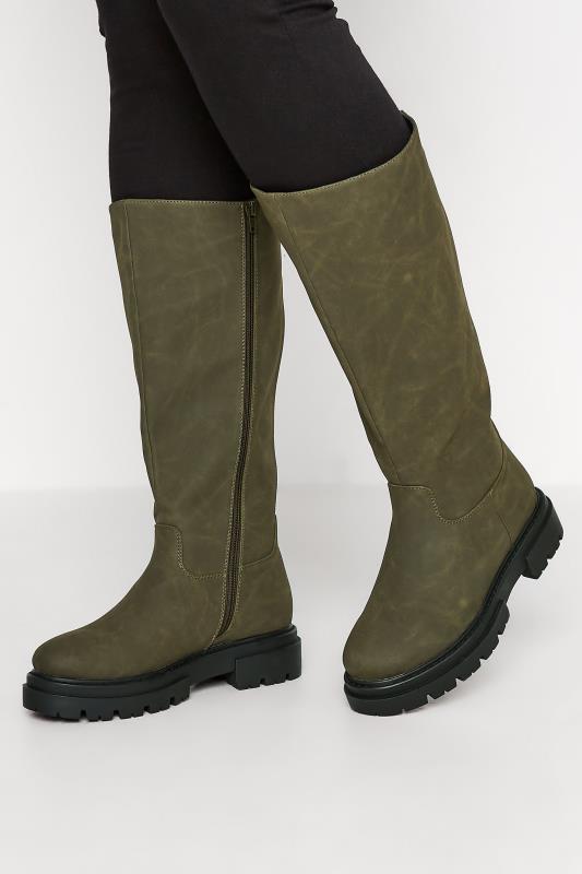  Tallas Grandes LIMITED COLLECTION Khaki Green Chunky Calf Boots In Extra Wide EEE Fit