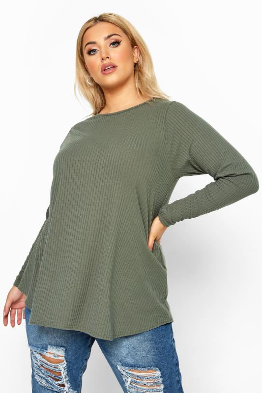 LIMITED COLLECTION Curve Khaki Green Ribbed Long Sleeve Top 1