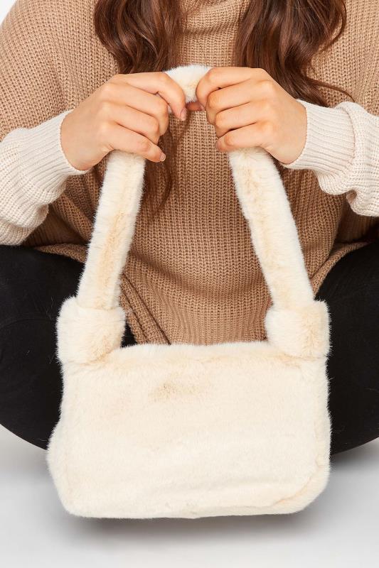 Plus Size Cream Faux Fur Knot Handle Bag | Yours Clothing 1