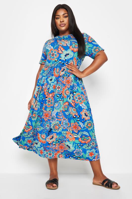 Plus Size  YOURS Curve Blue Floral Print Midi Smock Dress