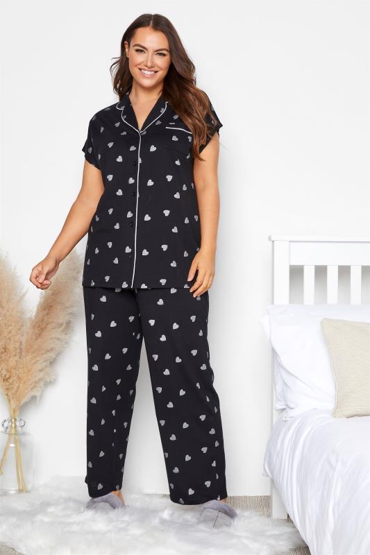 Plus Size Black Glitter Heart Pyjama Set | Yours Clothing 1