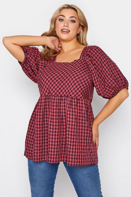 Plus Size  LIMITED COLLECTION Curve Pink Gingham Milkmaid Peplum Top