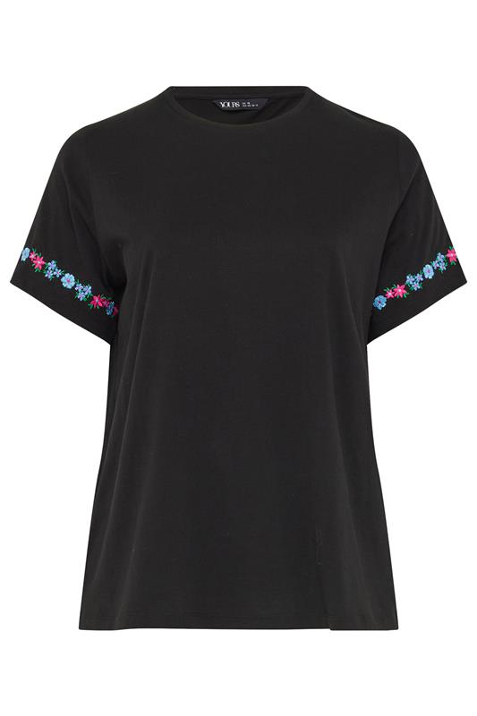 YOURS Plus Size Black Embroidered Floral Sleeve Detail T-Shirt | Yours Clothing 6