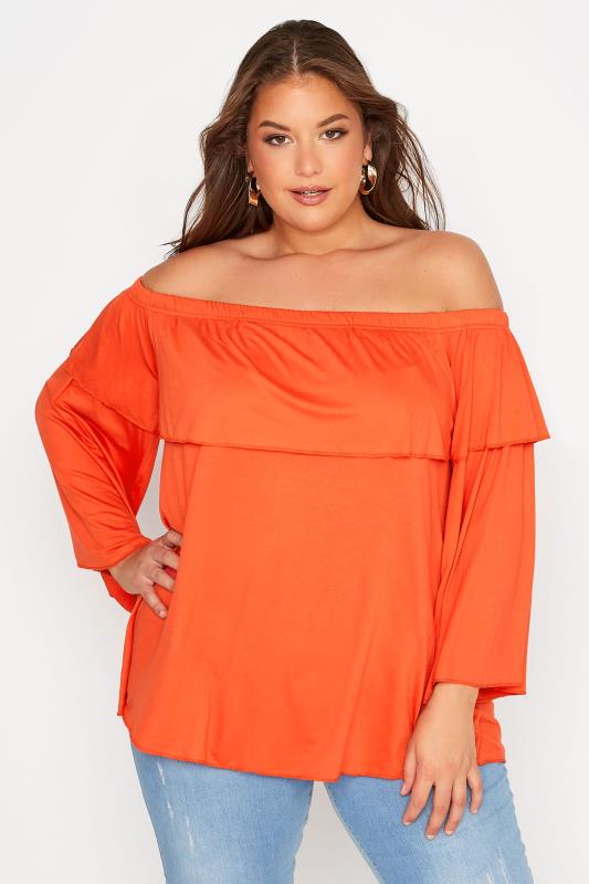 LIMITED COLLECTION Plus Size Orange Frill Bardot Top | Yours Clothing 1