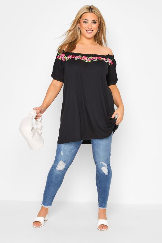 Plus Size Black Embroidered Bardot Top | Yours Clothing 2