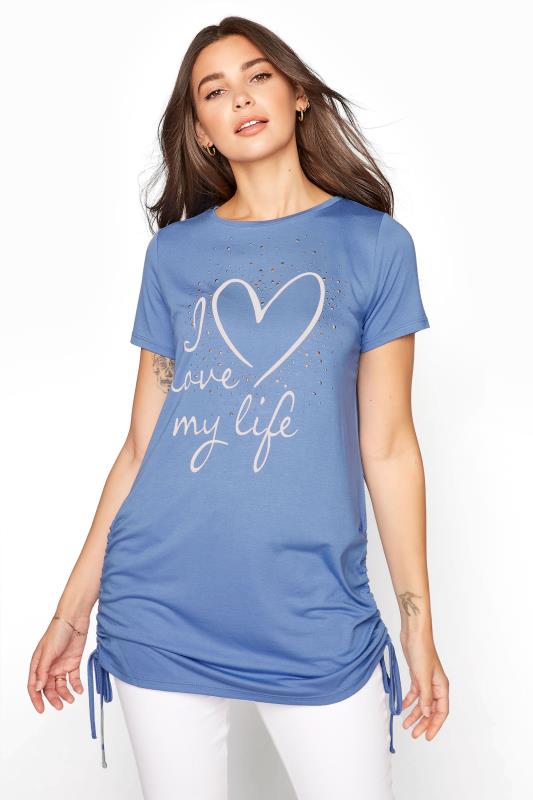 LTS Denim Blue 'I Love My Life' Ruched Side Tunic Top | Long Tall Sally 1