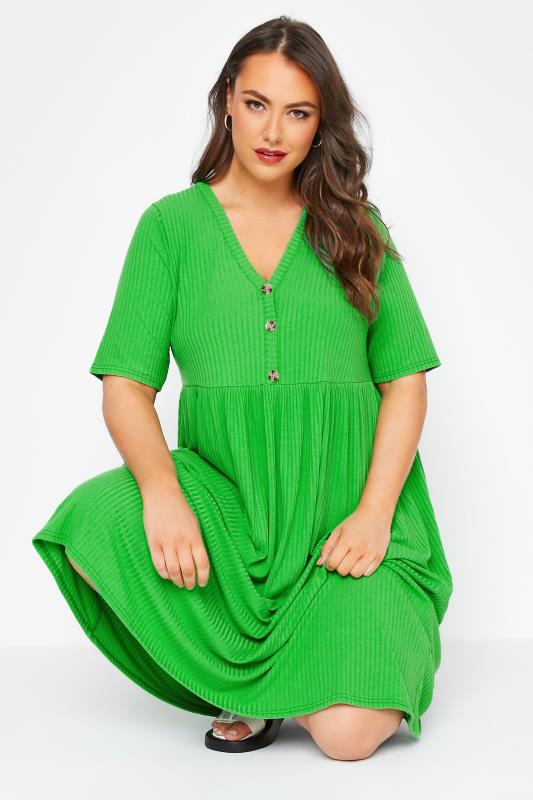 Plus Size  LIMITED COLLECTION Curve Bright Green Ribbed Peplum Midi Dress