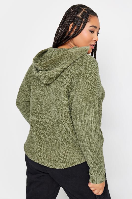 YOURS Plus Size Khaki Green Chenille Knitted Hoodie | Yours Clothing 3