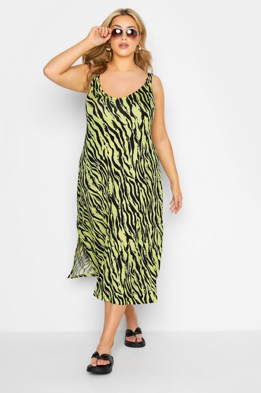 Curve Lime Green Zebra Print Side Split Midi Beach Dress 1