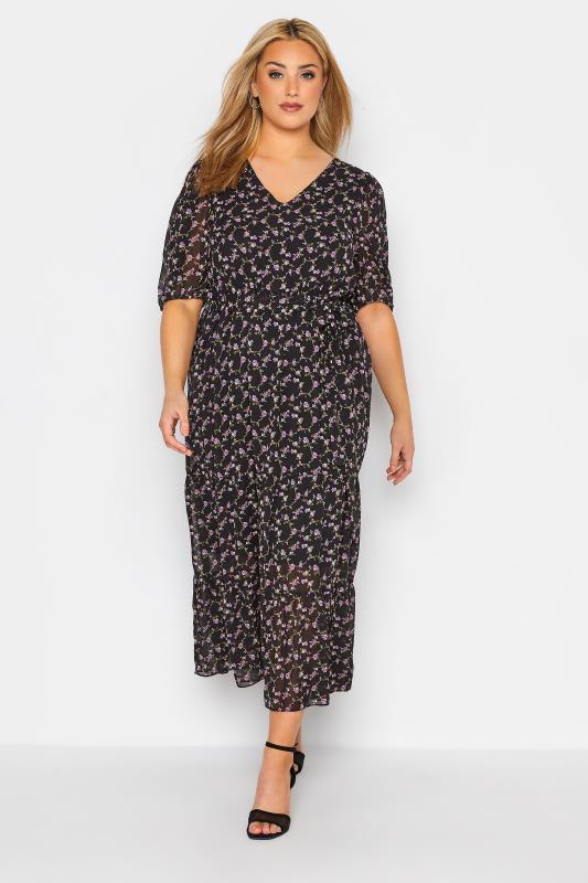  Grande Taille YOURS LONDON Curve Black Ditsy Smock Maxi Dress