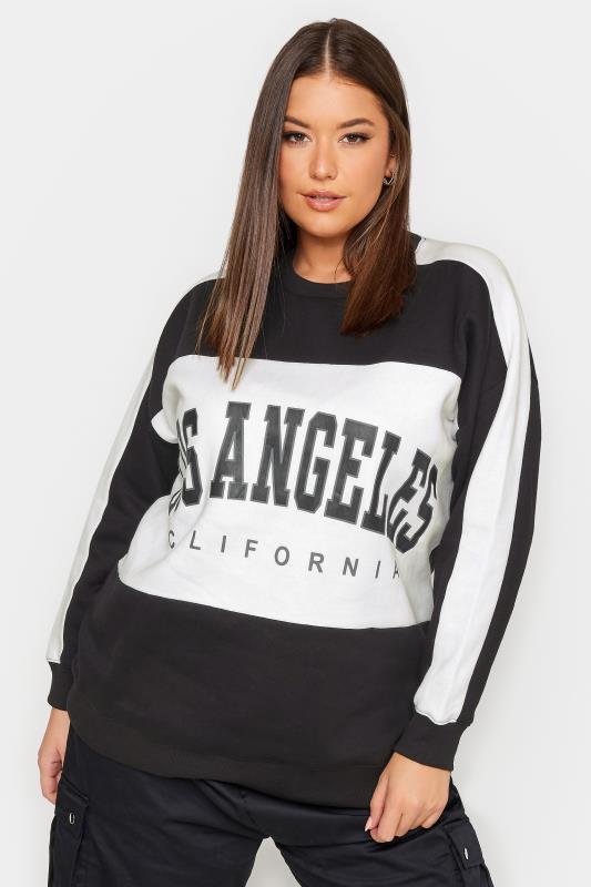 YOURS Curve Black 'Los Angeles' Slogan Varsity Sweatshirt | Yours Clothing 1