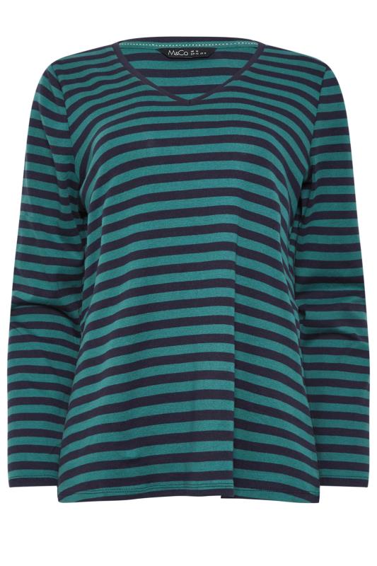 M&Co Teal Blue Stripe V-Neck Long Sleeve Cotton T-Shirt | M&Co 7
