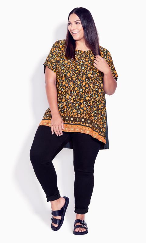 Plus Size  Evans Gold Abstract Print Dipped Hem Top