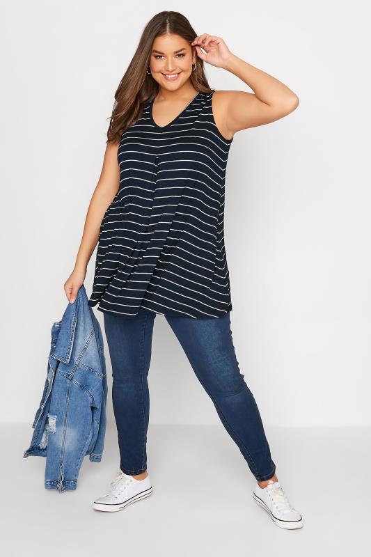 Plus Size Blue Stripe Sleeveless Pleat Detail Vest Top | Yours Clothing  2