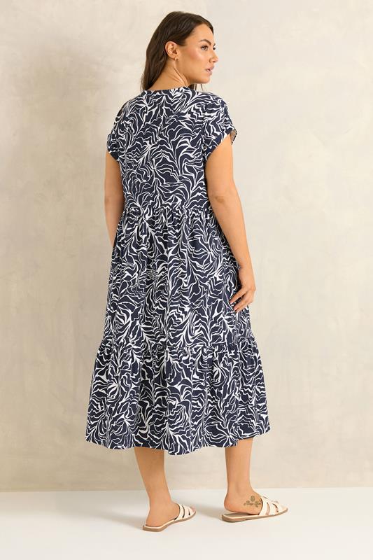 EVANS Plus Size Navy Blue Abstract Print Notch Neck Cotton Midi Dress | Evans 2