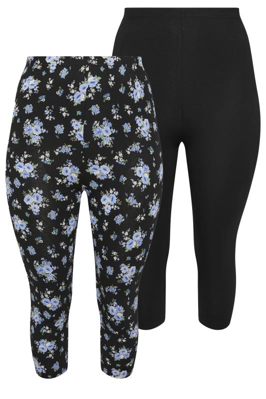 YOURS Plus Size 2 PACK Black & Blue Floral Print Cropped Leggings | Yours Clothing 7