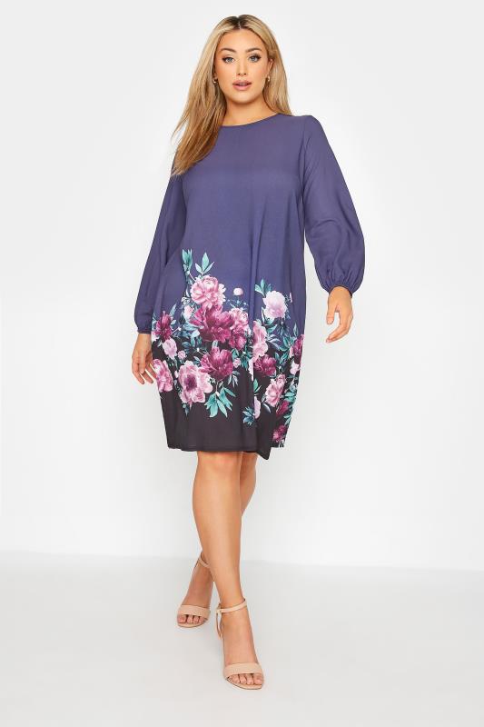 YOURS LONDON Plus Size Navy Blue Floral Border Shift Dress | Yours Clothing 2