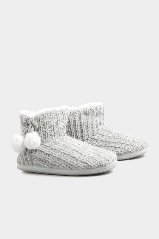 Plus Size  Grey Pom Pom Boot Slippers In Extra Wide EEE Fit