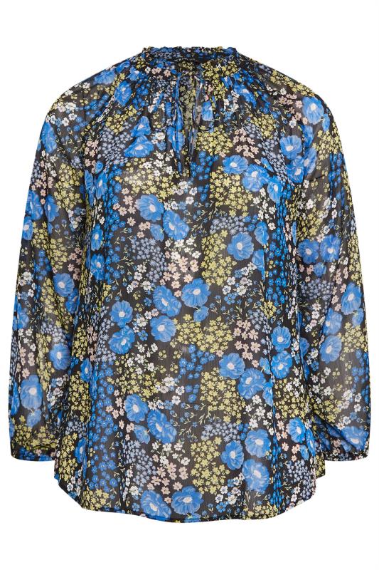 YOURS Plus Size Blue Floral Print Tie Neck Chiffon Blouse | Yours Clothing