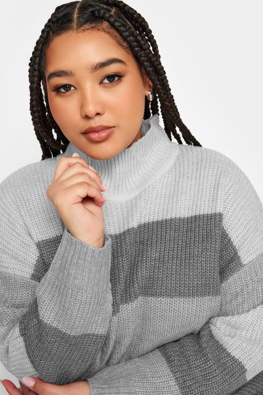 YOURS Plus Size Grey Stripe High Neck Knitted Jumper | Yours Clothing 6