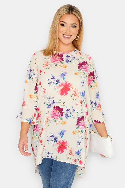 YOURS LONDON Plus Size White Floral Flute Sleeve Tunic Top | Yours Clothing 1