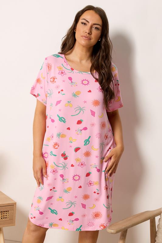 YOURS Plus Size Pink Summer Print Soft Touch Nightdress | Yours Clothing 1