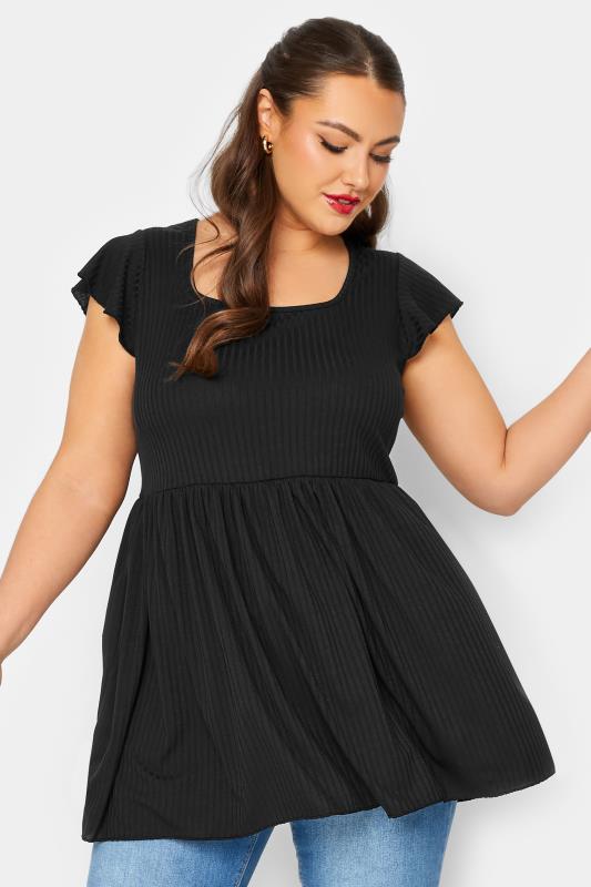 LIMITED COLLECTION Plus Size Black Ribbed Peplum Top | Yours Clothing  1