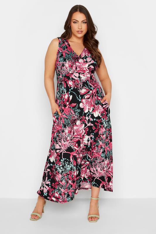 YOURS Plus Size Black & Pink Floral Print Wrap Maxi Dress | Yours Clothing 1
