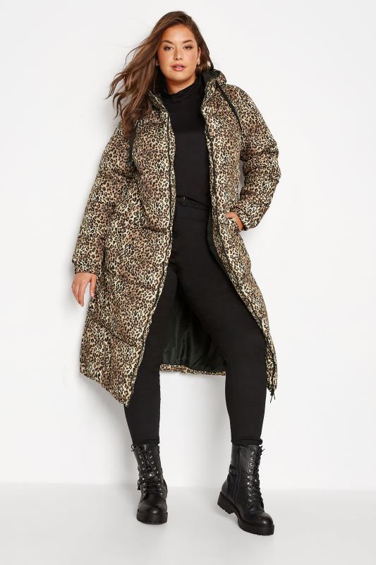 Plus Size Brown Leopard Print Hooded Puffer Maxi Coat | Yours Clothing 2