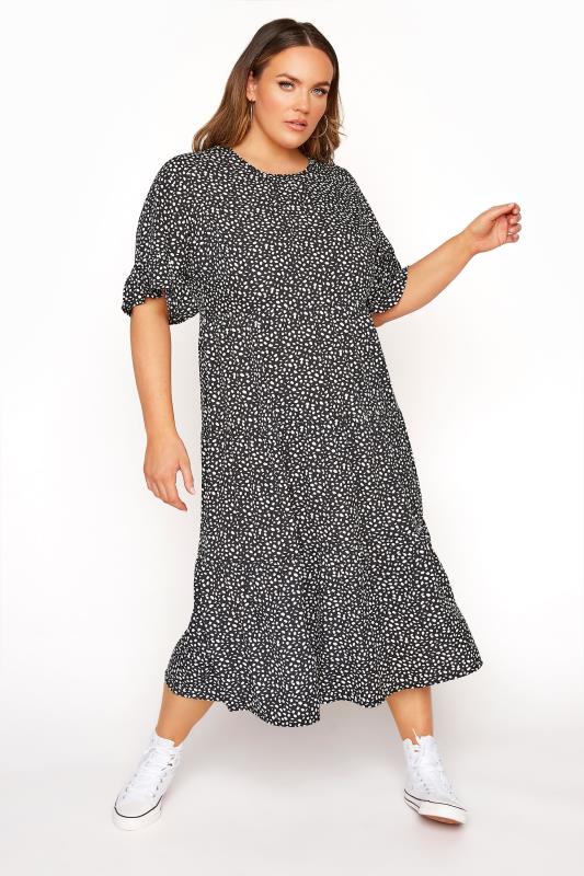 Plus Size  LIMITED COLLECTION Black Dalmatian Spot Tiered Midi Dress