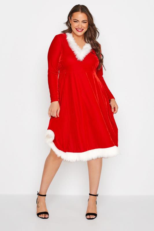 YOURS LONDON Curve Red Velvet Mrs Christmas Skater Dress 1
