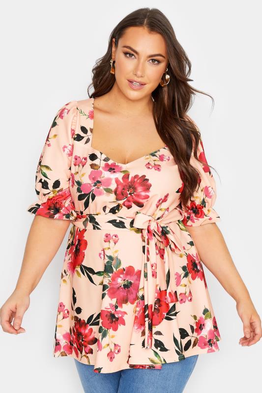 YOURS LONDON Plus Size Light Pink Floral Print Peplum Top | Yours Clothing  1